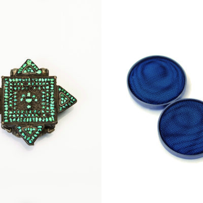 rechts: »Ga’u« amulet case Silver, turquoise Tibet, Lhasa, 20th century Eva and Peter Herion collection at Pforzheim Jewellery Museum Photo Petra Jaschke / links:  »Moiré« brooch Silver, powder-coated stainless steel Thanh-Truc Nguyen, Berlin, 2012 Pforzheim Jewellery Museum Donation from the ISSP/sponsorship purchase 2014